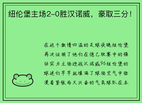 纽伦堡主场2-0胜汉诺威，豪取三分！