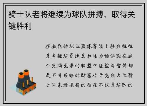 骑士队老将继续为球队拼搏,取得关键胜利