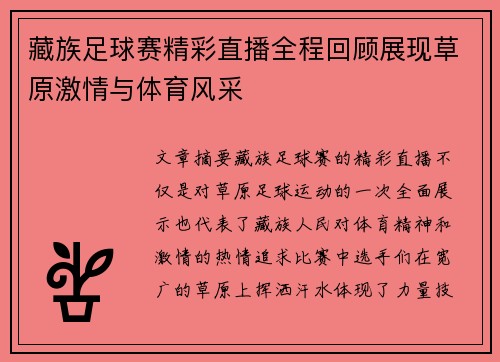藏族足球赛精彩直播全程回顾展现草原激情与体育风采